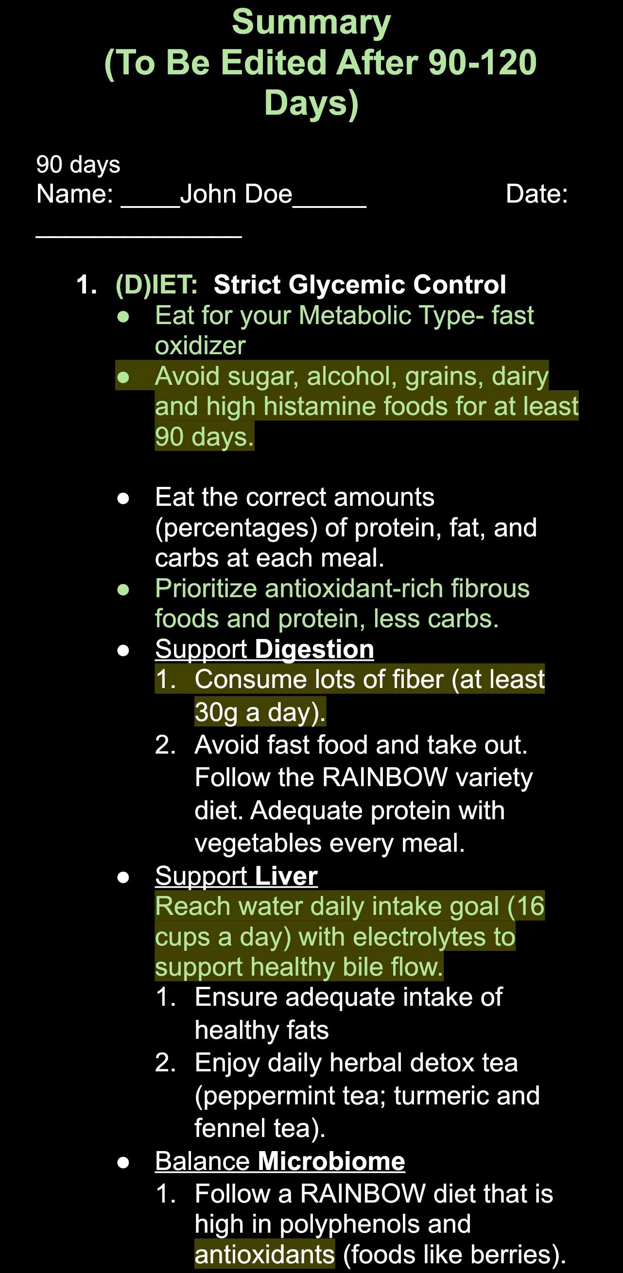 Health protocol/Tailored diet plan