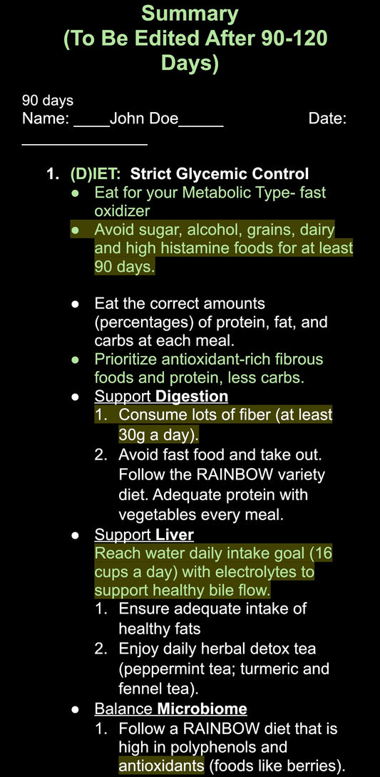 Health protocol/Tailored diet plan